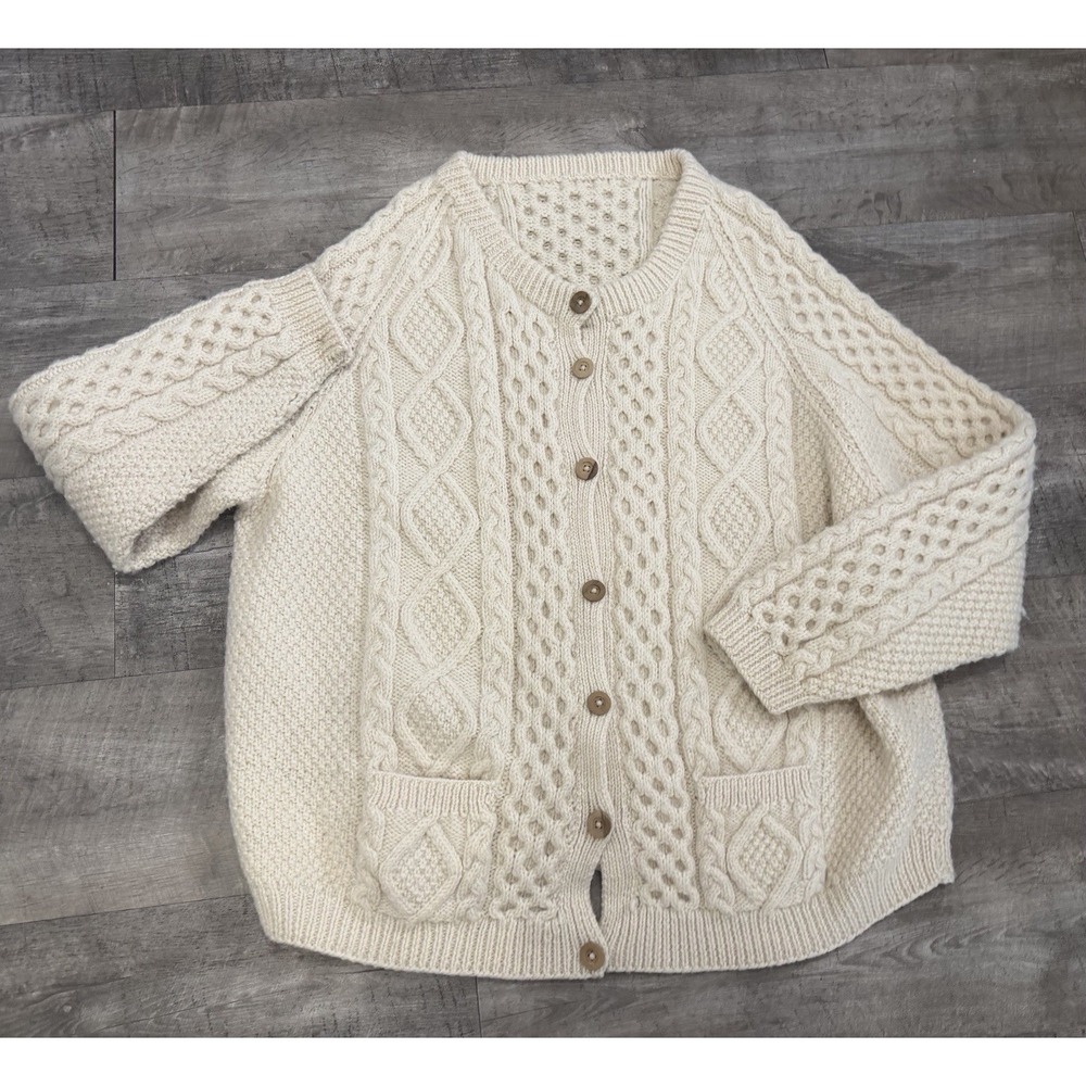 Vtg Aran Style Button Front Cream Cardigan Cable Knit Wool Sweater L/XL
